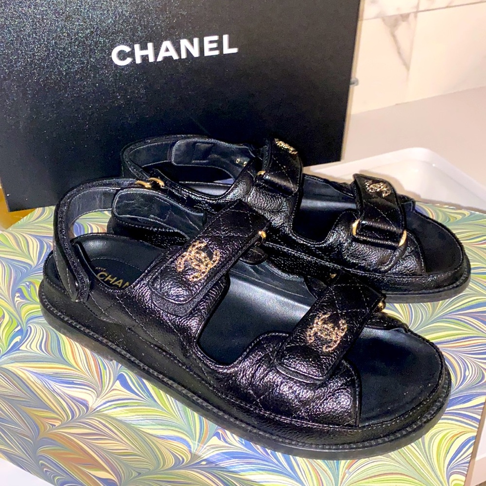 CHANEL “Dad” Sandals - Black Caviar Quilted Leather - Picture 3 of 6